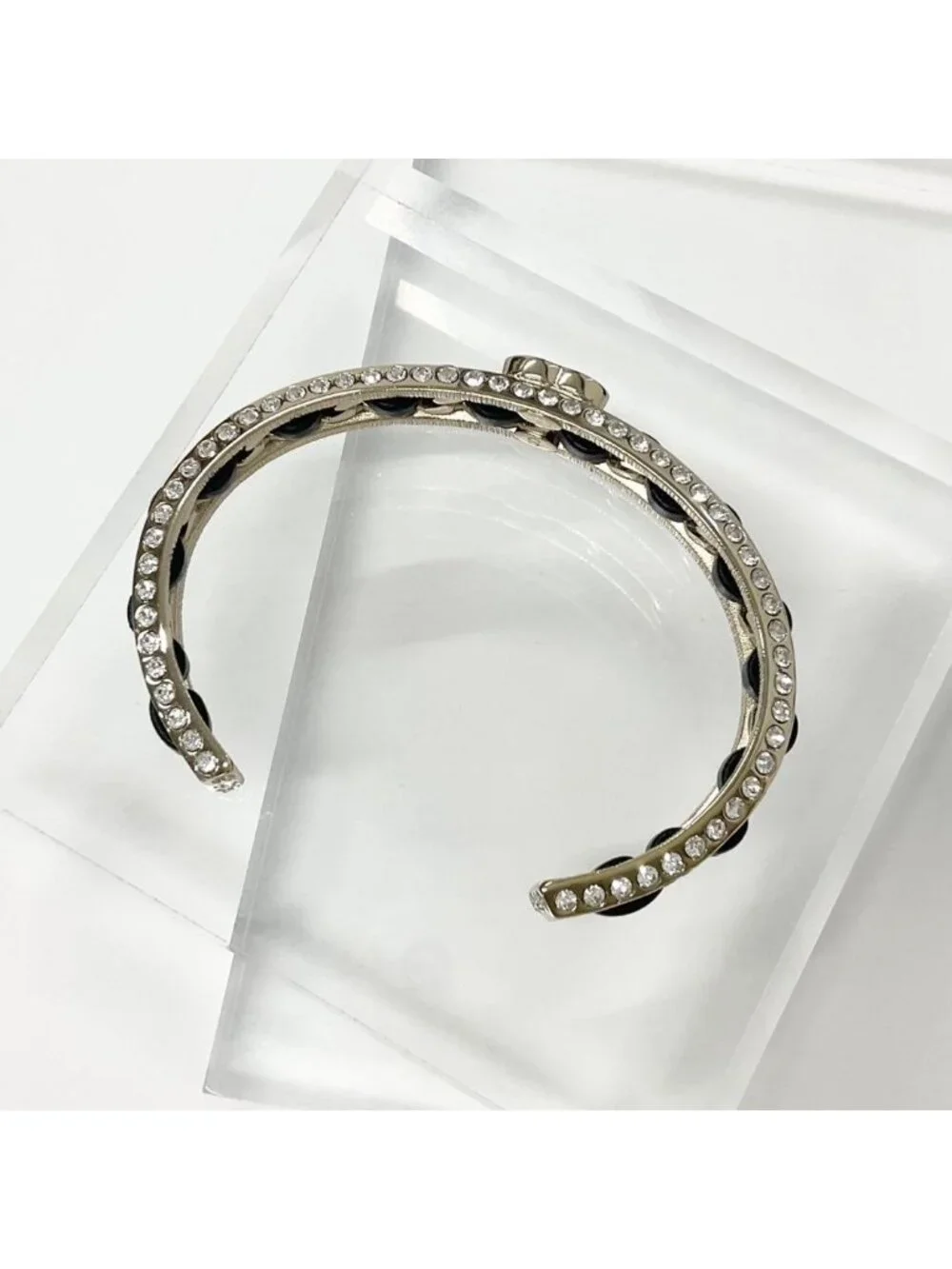 Chanel CC Logo Bangle Rhinestone Leather Bracelet Gold